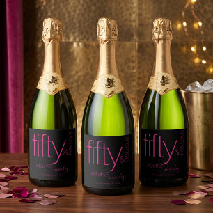 Fifty and Fabulous Black Fuchssia Pink Birthday Sparkling Wine Label