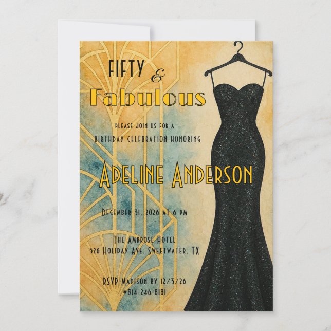 Fifty and Fabulous Black Gold Art Deco 50th  Invitation (Front)