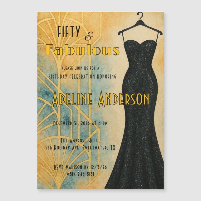 Fifty and Fabulous Black Gold Art Deco Magnet Card (Front)