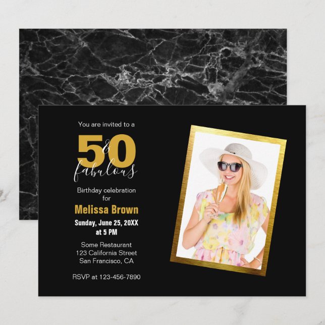 Fifty and Fabulous Black Gold Modern 50th Birthday Invitation (Front/Back)