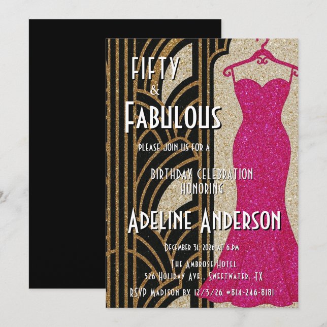 Fifty and Fabulous Black Gold Pink Art Deco 50th Invitation (Front/Back)