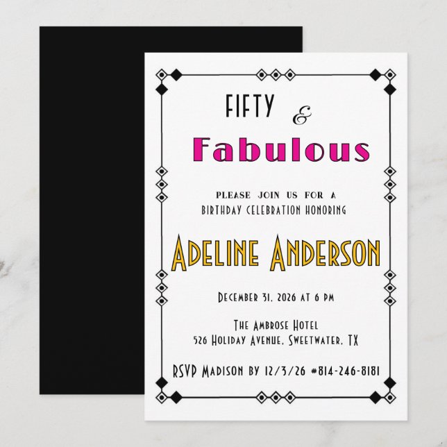 Fifty and Fabulous Black Gold Pink Art Deco   Invitation (Front/Back)
