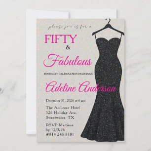 Fifty and Fabulous Black Pink Silver Glitter 50th Invitation