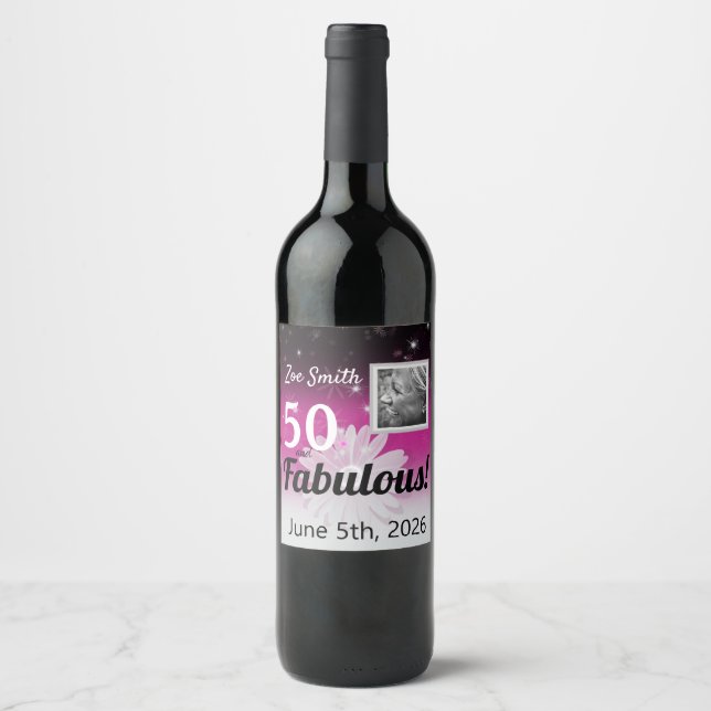 Fifty and Fabulous black, pink, white with daisy Wine Label (Front)