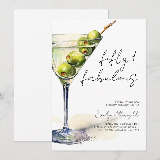 Fifty and Fabulous Black Script Watercolor Martini Invitation (Front/Back)