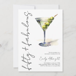 Fifty and Fabulous Black Script Watercolor Martini Invitation