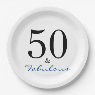 Fifty and Fabulous Blue Birthday Typography Paper Plate