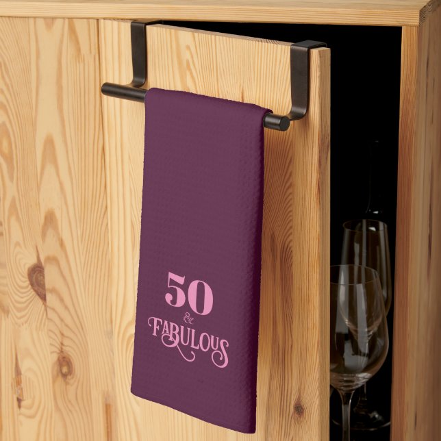 Fifty and Fabulous Burgundy Birthday Kitchen Towel (Thirds Fold)