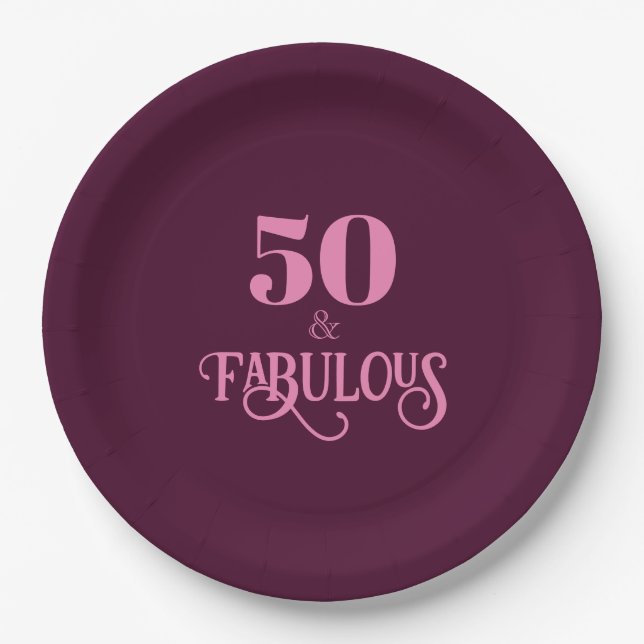 Fifty and Fabulous Burgundy Birthday Party Paper Plate (Front)