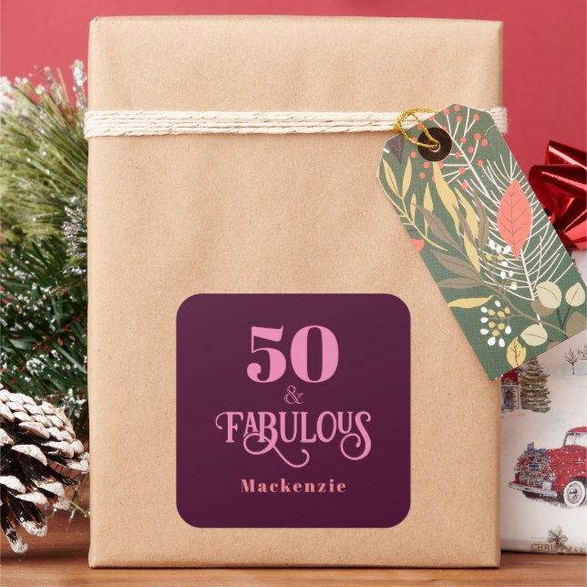Fifty and Fabulous Burgundy Square Sticker (Holiday)