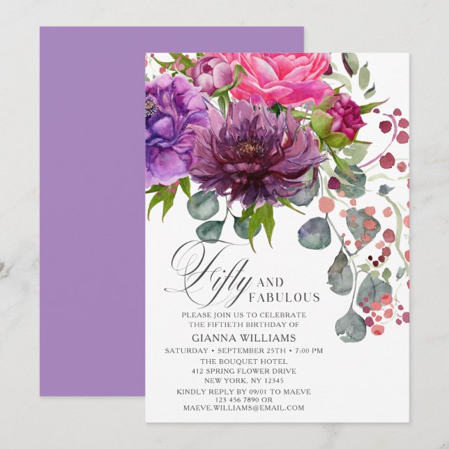 Fifty and Fabulous Elegant Floral 50th Birthday Invitation (Front/Back)