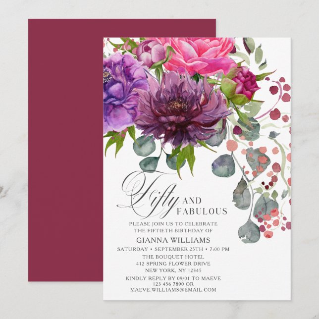 Fifty and Fabulous Elegant Floral 50th Birthday Invitation (Front/Back)