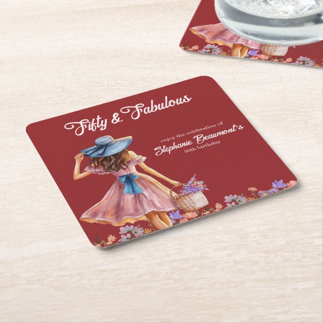 Fifty and Fabulous Elegant Woman's 50th Birthday Square Paper Coaster (Angled)