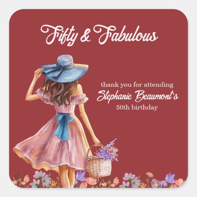 Fifty and Fabulous Elegant Woman's 50th Birthday Square Sticker (Front)