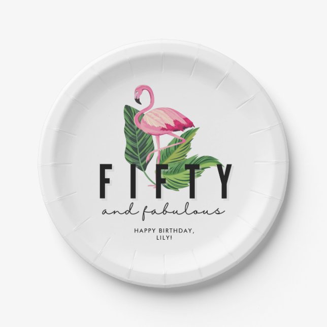 Fifty and Fabulous Flamingo 50th Birthday Party Paper Plate (Front)