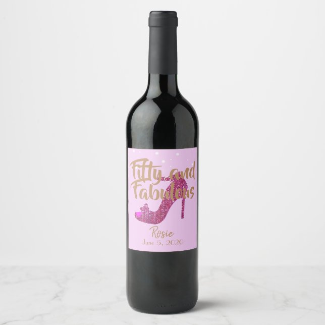 Fifty and Fabulous GirlySparkly Hot Pink Gold Text Wine Label (Front)