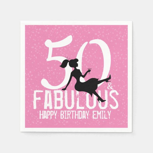 Fifty and Fabulous Glamourous Pink Modern Birthday Napkin (Front)