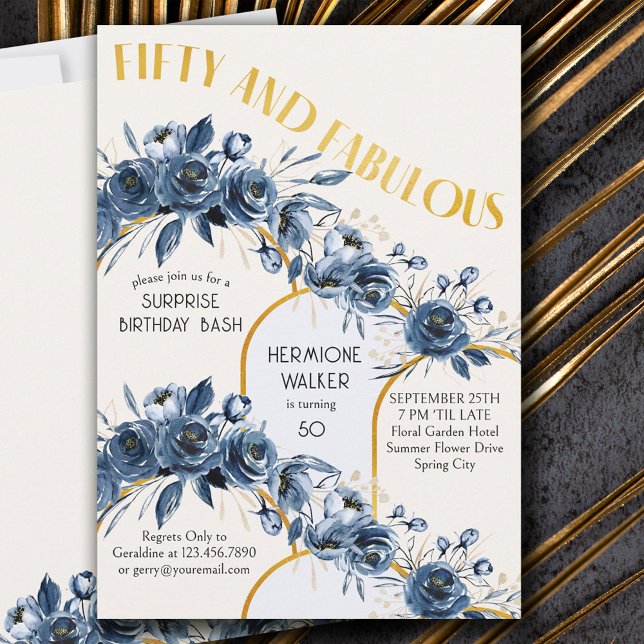 Fifty and Fabulous Gold Arch Floral 50th Birthday  Invitation (Creator Uploaded)
