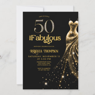 Fifty and Fabulous Gold Dress Black 50th Birthday Invitation