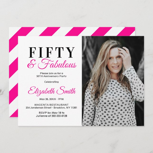 Fifty and Fabulous Hot Pink 50th Birthday Photo Invitation (Front/Back)