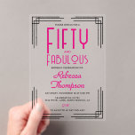 Fifty and Fabulous Hot Pink Art Deco 50th Birthday Acrylic Invitations<br><div class="desc">Fifty and Fabulous Hot Pink Art Deco 50th Birthday Clear Acrylic Invitation that you can personalize and send out for your fiftieth birthday party celebration. This invitation features art deco corners,  and her name and "Fifty and Fabulous" are set using trending bold font typography.</div>