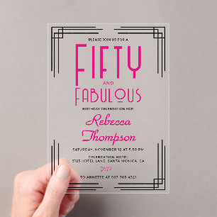 Fifty and Fabulous Hot Pink Art Deco 50th Birthday Acrylic Invitations