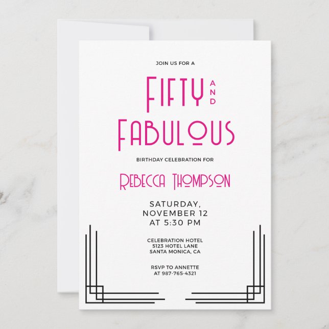 Fifty and Fabulous Hot Pink Art Deco 50th Birthday Invitation (Front)
