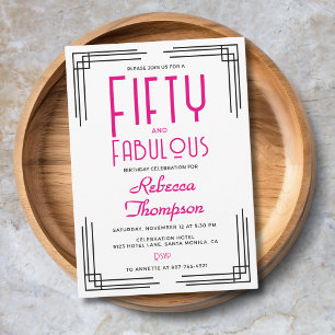 Fifty and Fabulous Hot Pink Art Deco 50th Birthday Invitation