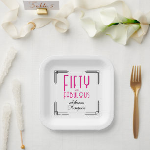 Fifty and Fabulous Hot Pink Art Deco 50th Birthday Paper Plate