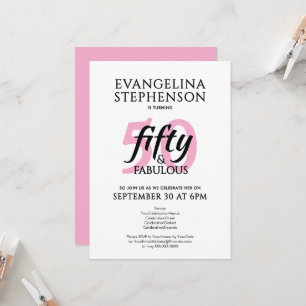 Fifty and Fabulous Modern Pink White 50th Birthday Invitation