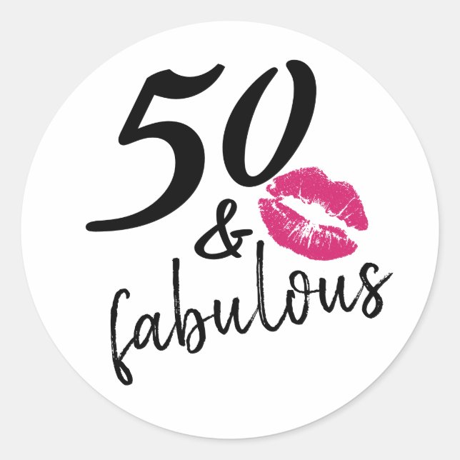 Fifty and Fabulous Modern Script Kiss Lipstick Classic Round Sticker (Front)