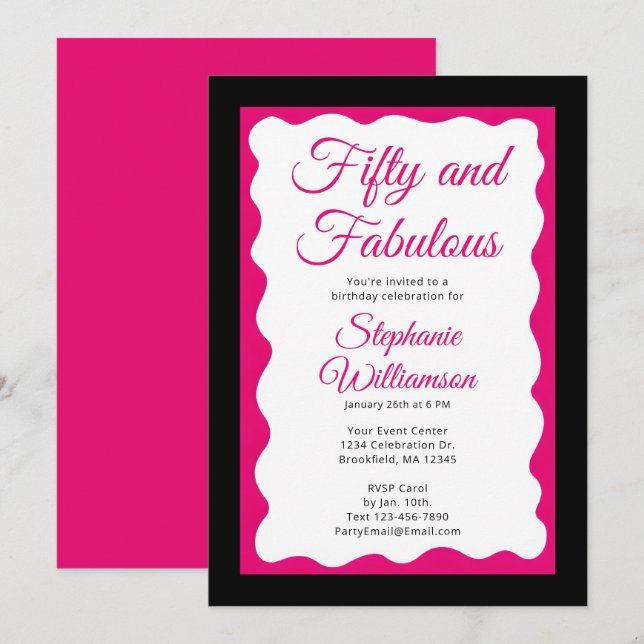 Fifty and Fabulous Pink and Black Script Invitation (Front/Back)