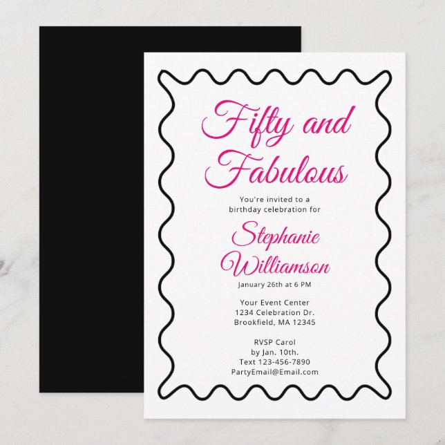 Fifty and Fabulous Pink and Black Script Invitation (Front/Back)