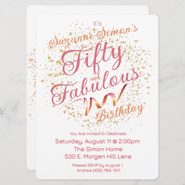 Fifty and Fabulous Pink and Gold Sparkle  Invitation (Front/Back)