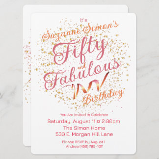 Fifty and Fabulous Pink and Gold Sparkle Invitation
