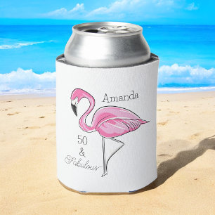 Fifty and Fabulous Pink Flamingo Custom Can Cooler