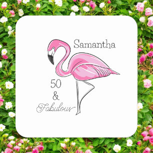 Fifty and Fabulous Pink Flamingo Custom Coasters