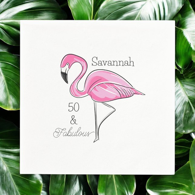 Fifty and Fabulous Pink Flamingo Custom Napkin (Creator Uploaded)