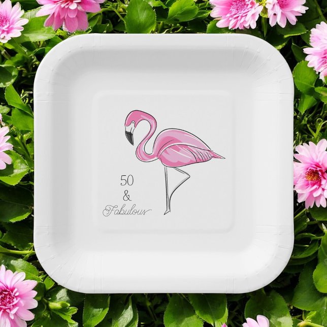 Fifty and Fabulous Pink Flamingo Paper Plate (Creator Uploaded)