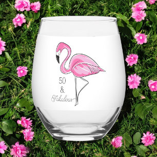 Fifty and Fabulous Pink Flamingo Stemless Wine Glass
