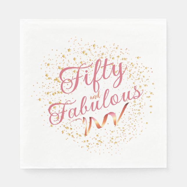 Fifty and Fabulous pink, gold sparkle Party Napkin (Front)