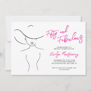 Fifty and Fabulous Pink Line Art Birthday Party  Invitation