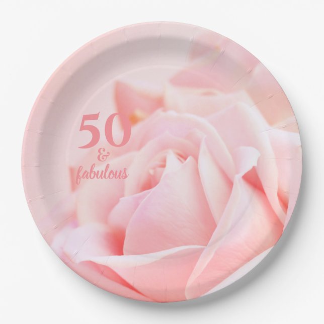 Fifty and Fabulous | Pink Rose 50th Birthday Paper Plate (Front)