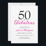 Fifty and Fabulous Pink Script 50th Birthday Invitation<br><div class="desc">Celebrate your 50th Birthday in style with this Fifty and Fabulous black and pink typography 50th birthday invitation. Personalizable with your name and fiftieth birthday party celebration details. An elegant and playful bright pink script text form the word 'Fabulous' with a bold black '50' to contrast plus clean and minimal...</div>