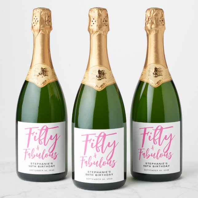 Fifty and Fabulous Pink Script 50th Birthday Party Sparkling Wine Label (Bottles)