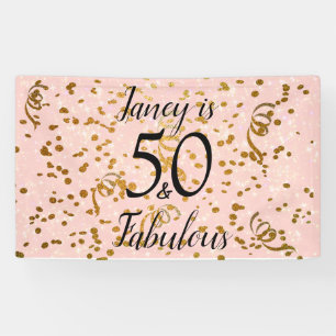 Fifty and Fabulous Pink with Gold confetti Banner