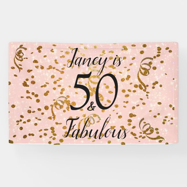 Fifty and Fabulous Pink with Gold confetti Banner (Horizontal)