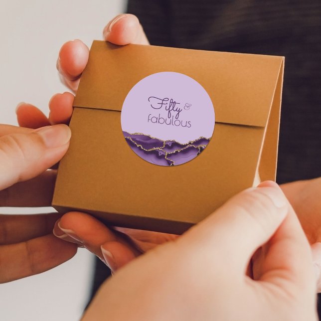 Fifty and Fabulous Purple Gold Letter Favour Classic Round Sticker (Creator Uploaded)