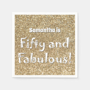Fifty and Fabulous Quirky Font on Gold Glitter Napkin