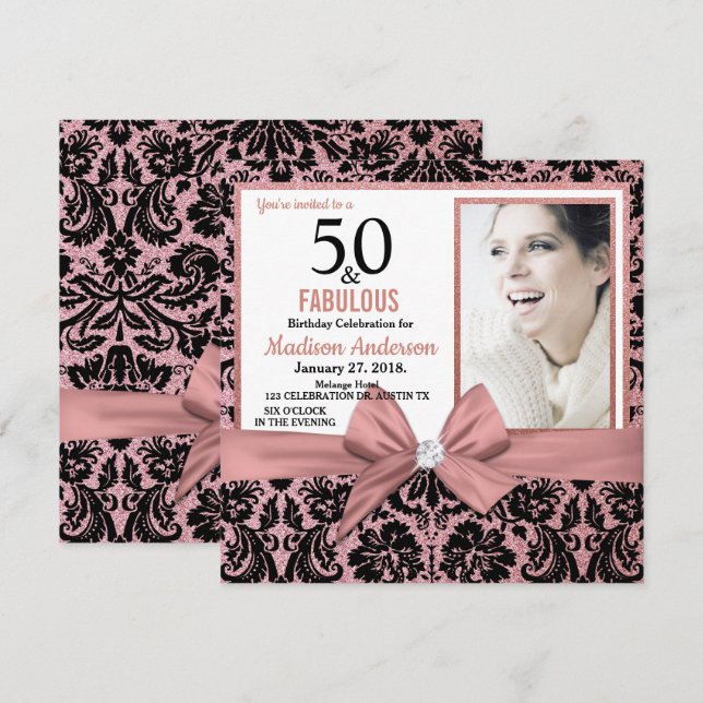 Fifty and Fabulous Rose gold damask |50th Birthday Invitation (Front/Back)